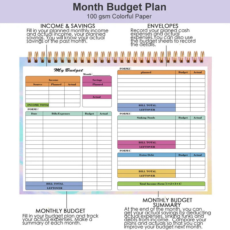 B5 size budget tally book with blue PP cover and silver spiral binding, open on a page ruled for income and expenditure.