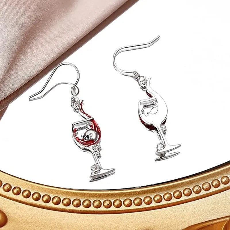 Halloween skull wine glass earrings in zinc alloy with electroplated geometric design