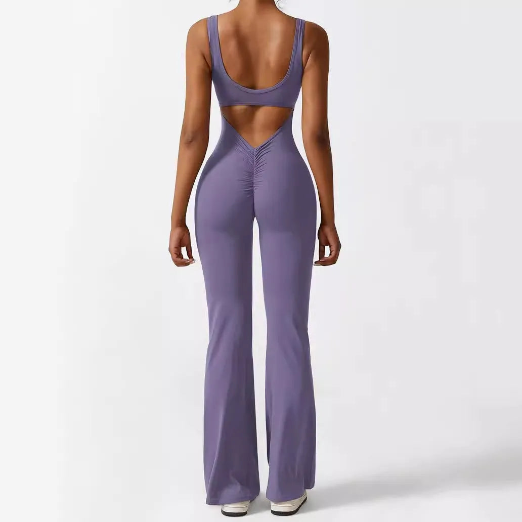 Women's sleeveless flare jumpsuit long pants in high-elasticity polyester for yoga and fitness