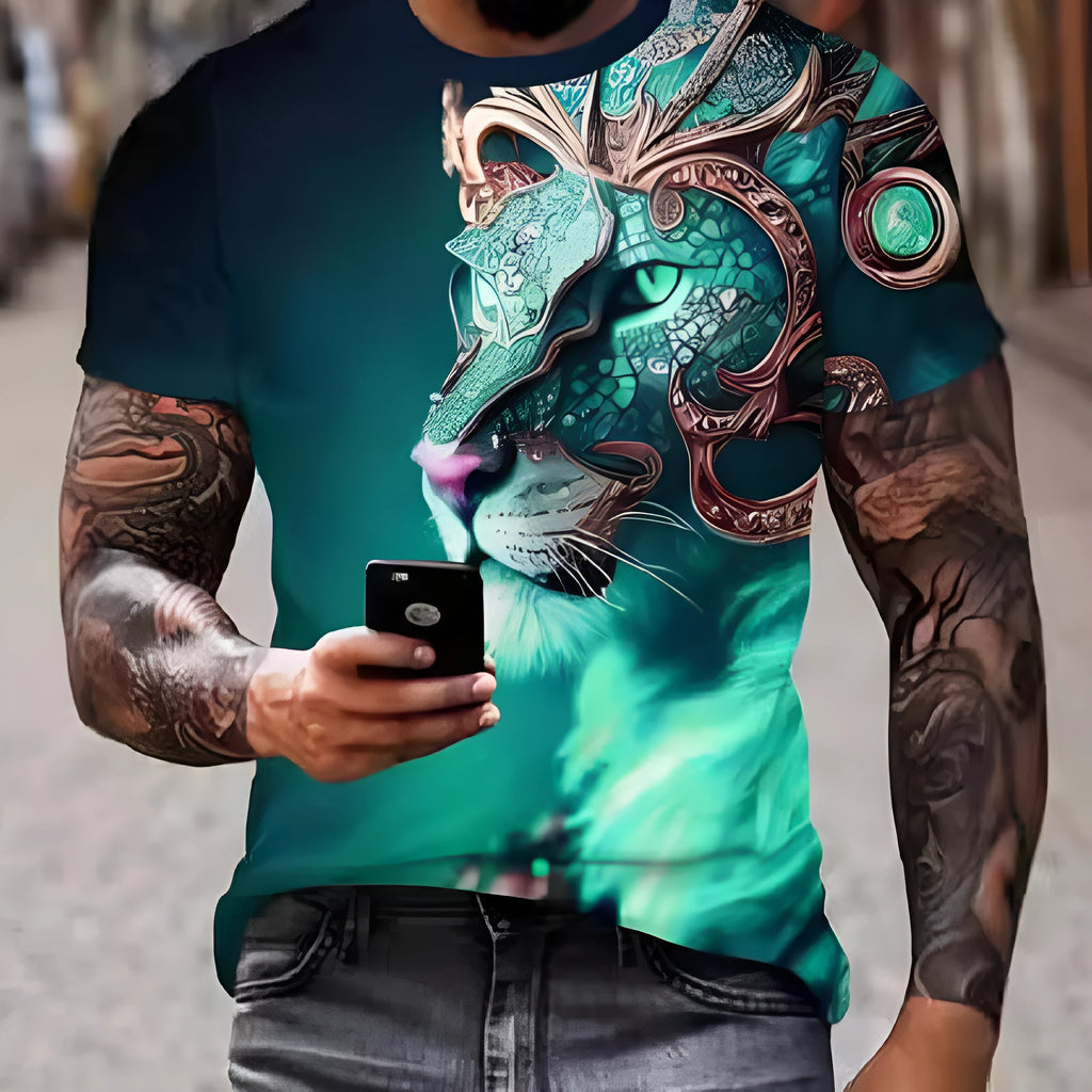 Men's grey t-shirt featuring a fierce 3D lion face print on the chest.