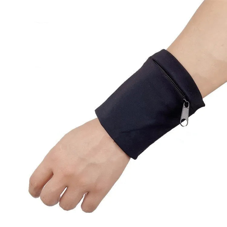 Compact 10x10.5cm wrist bag armband sleeve for mobile phones, shown with cardboard packaging for camping and fitness use.