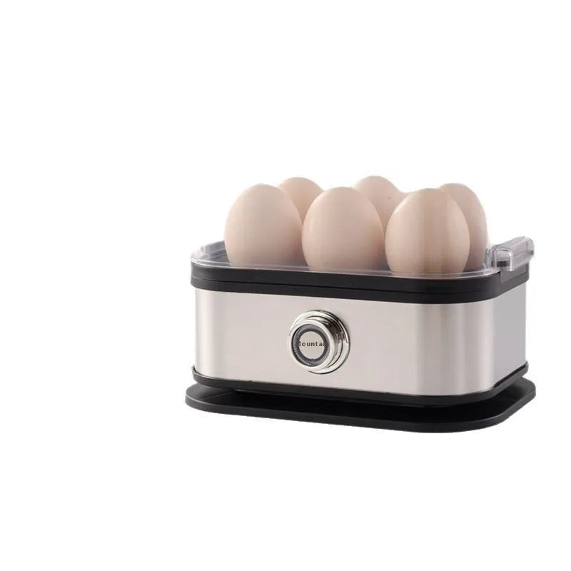 Black stainless steel portable egg boiler with a carry belt.