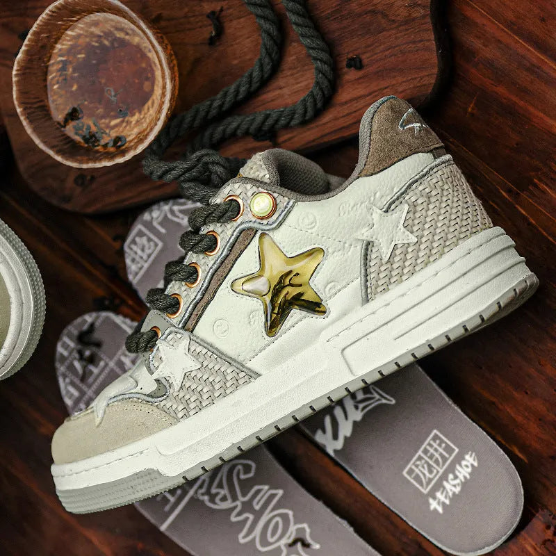 West Lake dragon well tea coloured leather platform running shoes with a round toe and lace-up front.