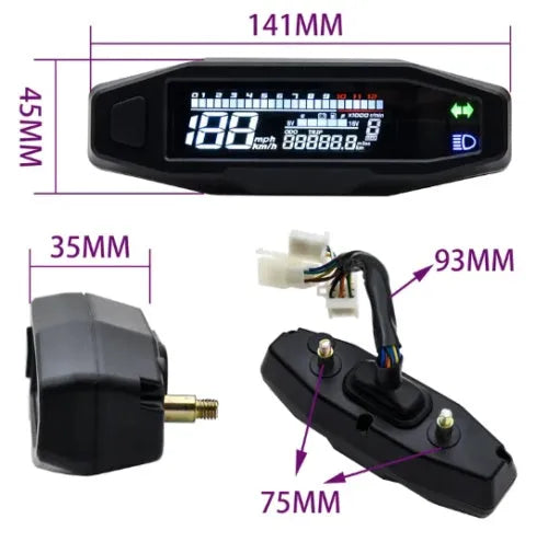 Black motorcycle mini digital speedometer with LCD screen displaying speed, tachometer, and fuel gauge.