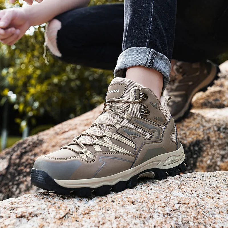 High-top hiking sneaker in light brown with front lace-up closure and natural rubber sole.