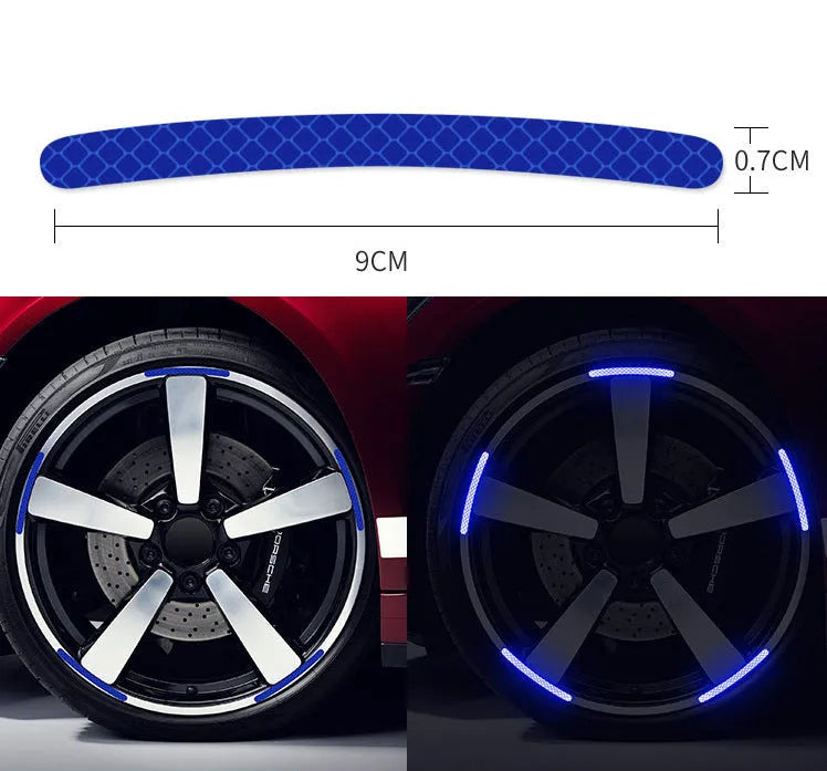 Pack of 20 arc-shaped reflective PVC stickers for car wheel hubs in various fluorescent and metallic colours