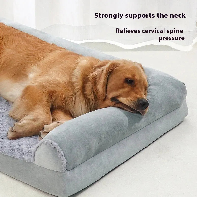 Light grey cloth dog kennel bed for large dogs, showing sheltered sides and padded interior.