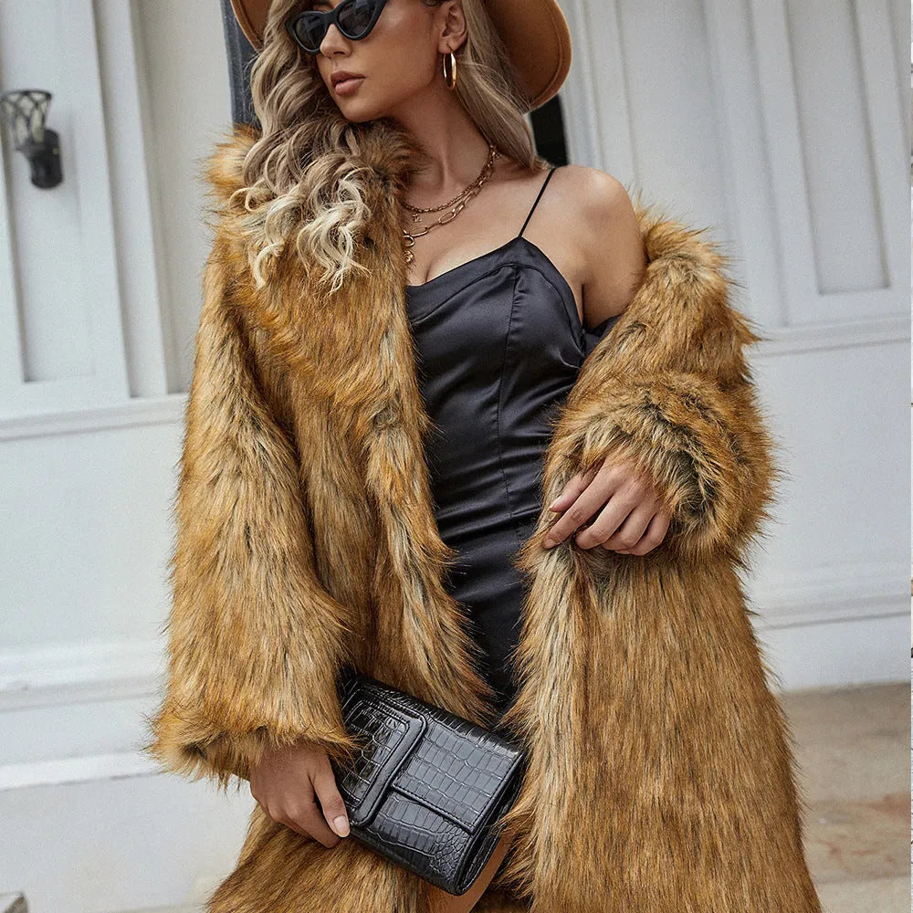 Yellow women's faux fur coat with regular sleeves and loose fit, shown at 80cm length