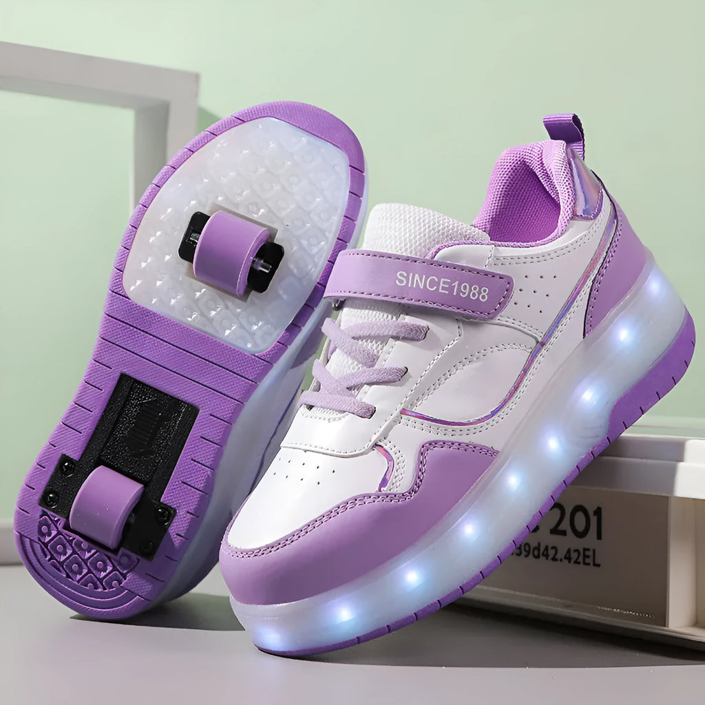 Children's roller skates with LED lights in pink, purple, black or white with two or four wheels