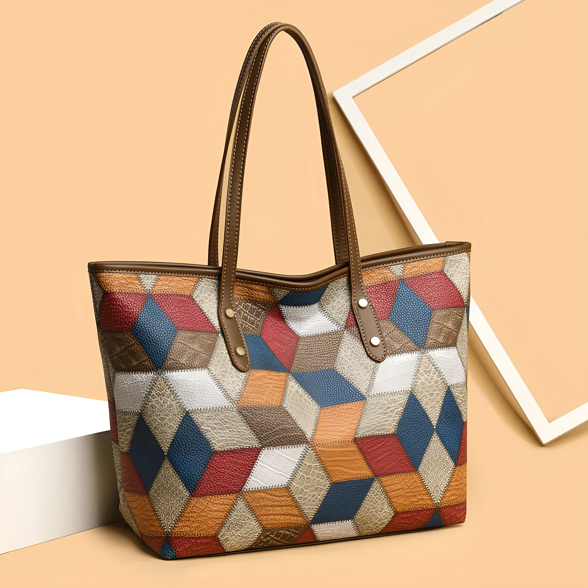 Women's large capacity PVC shoulder handbag in blue brown colour with sandwich pocket design