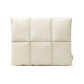 Soft fluffy polyester laptop sleeve in black and khaki colours on a table, showing sewing thread detail and size options.