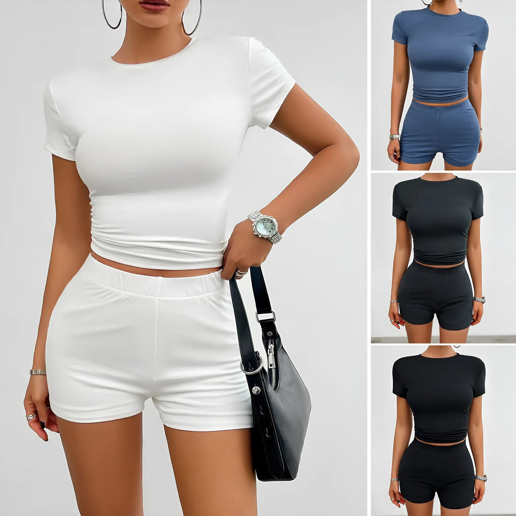 Women's solid colour viscose sports suit set with short sleeve top and elastic shorts on hanger