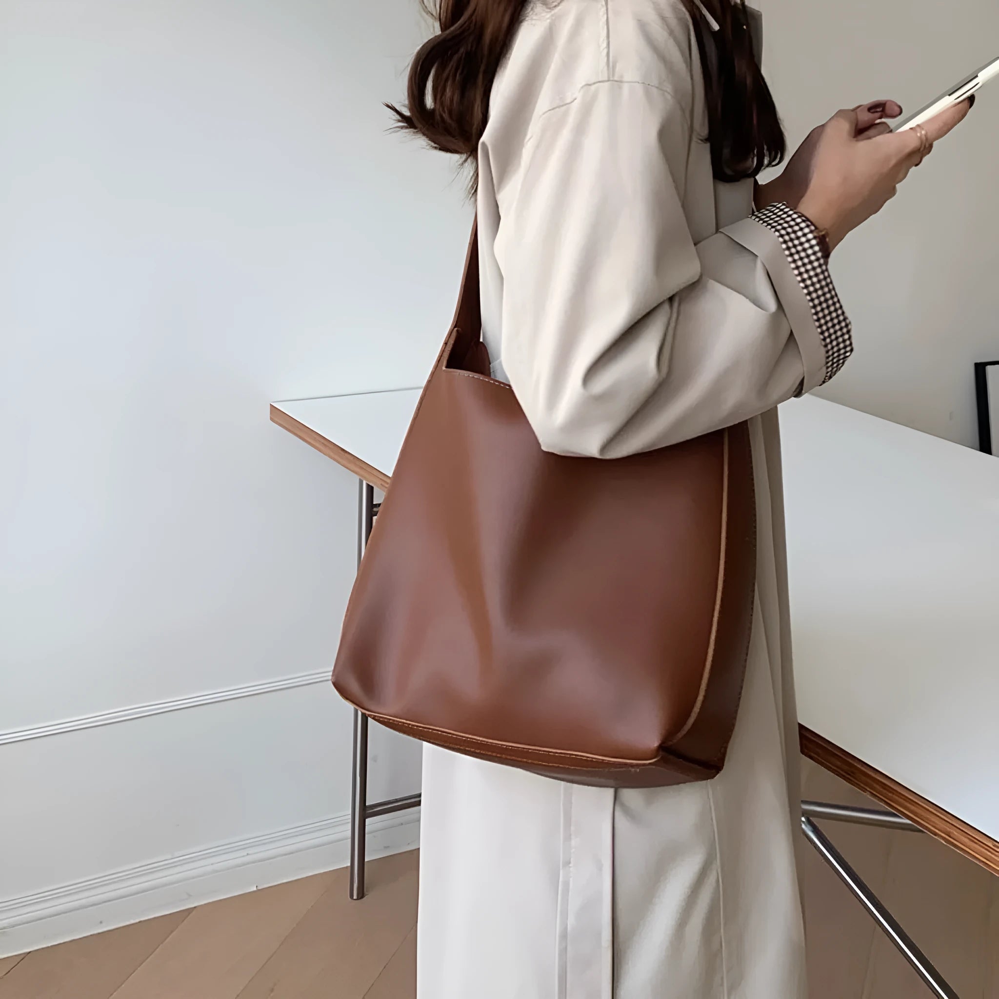 Women's soft PU shoulder bag set showing black ribbon and brown packet versions with swing threads detail