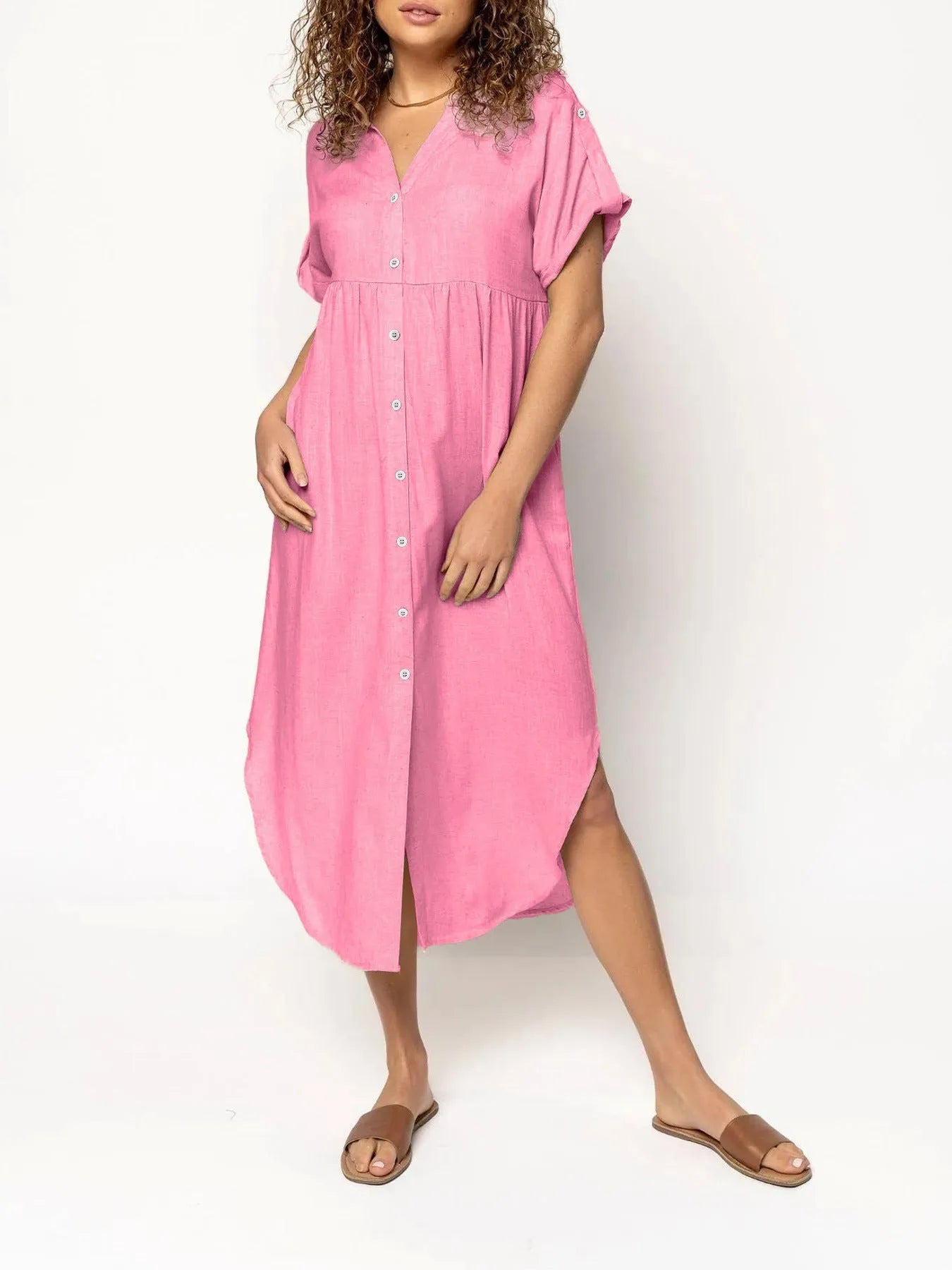 Casual mid-length button-front dress in solid colour with regular sleeves and mid-waist cut