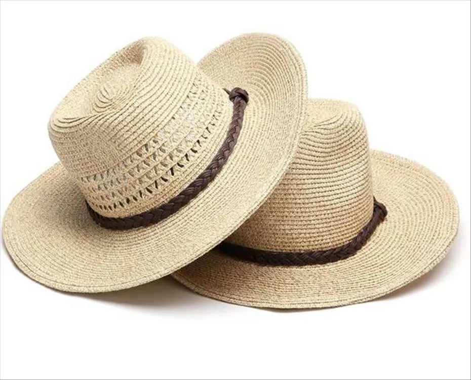 Foldable straw sun hat for men with wide brim in mixed beige colour