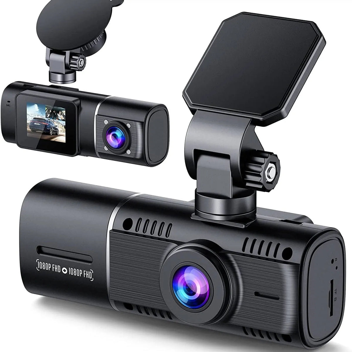 Standard black dashcam for car with front and rear recording, shown with 1.5-inch screen.