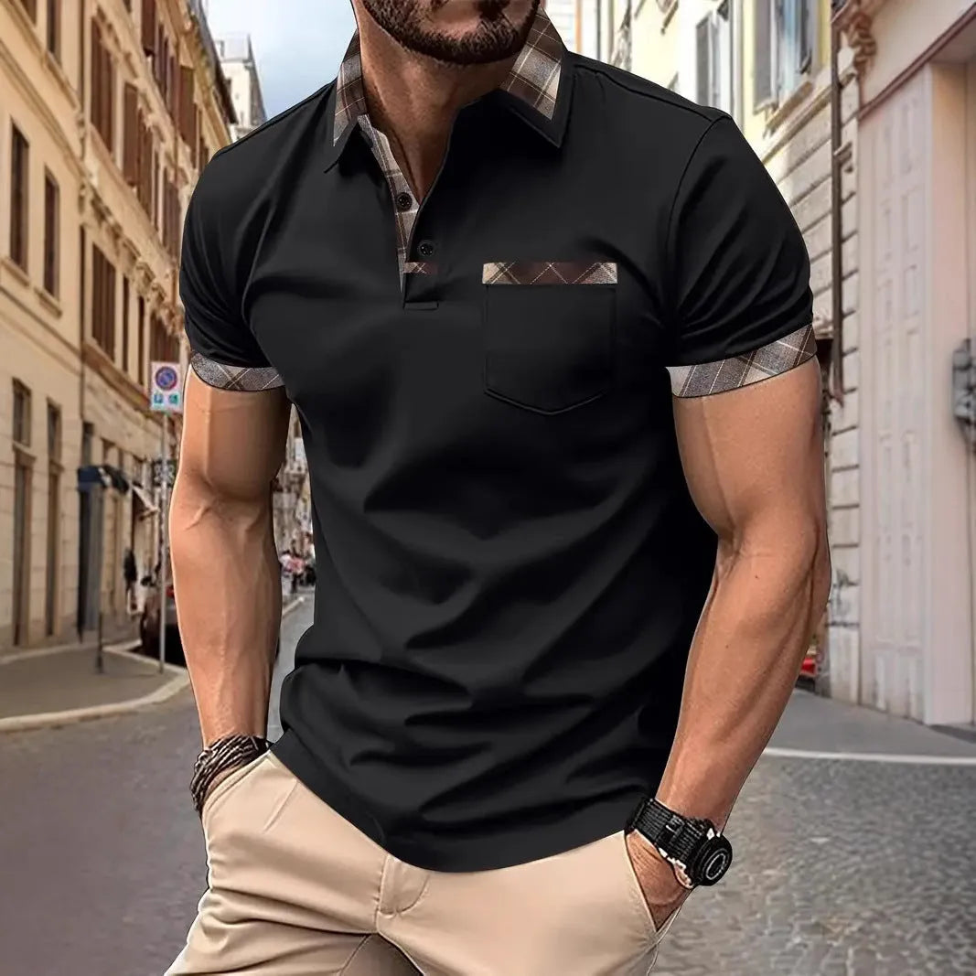 Man wearing a loose-fit plaid colourblock t-shirt with a zipper decoration detail on the front.