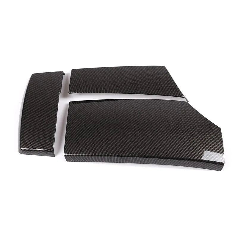 Three-piece black ABS armrest box protective cover set with shiny carbon fibre diagonal weave pattern