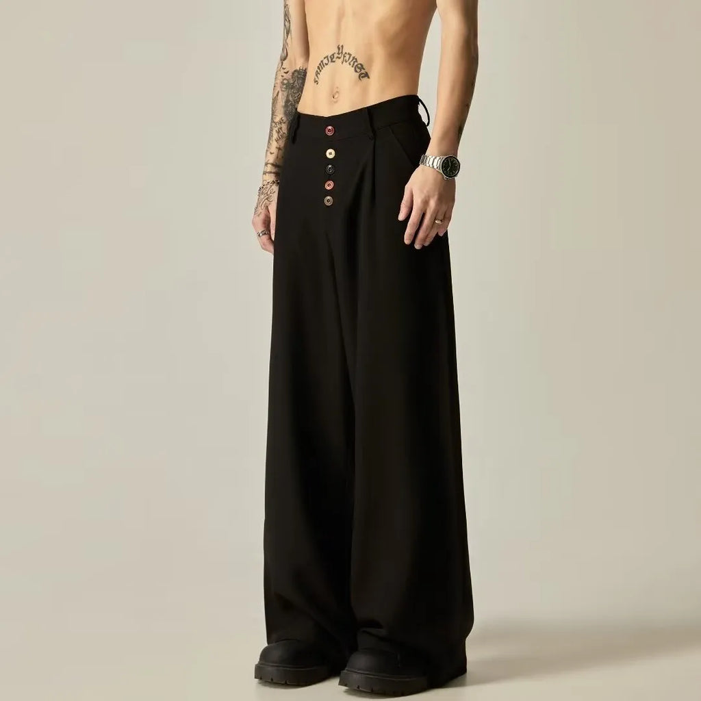 Men's straight leg casual trousers in black or brown with micro elasticity waist and cardigan button closure