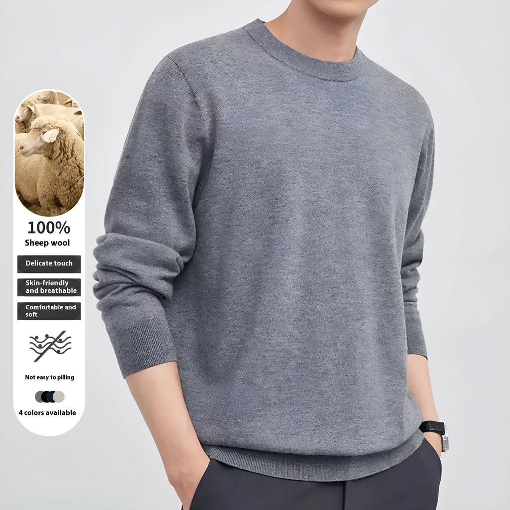 Men's regular fit wool pullover sweater in light grey, shown on a model.