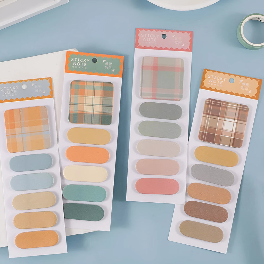 Plaid colour memo pad sticky notes showing six different designs with 67mm x 200mm dimensions