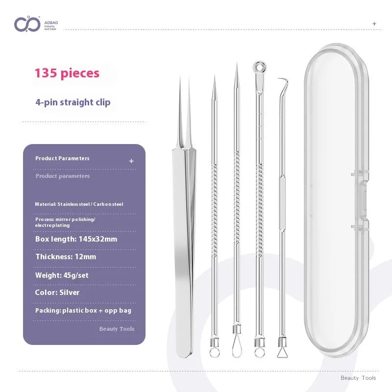 Four silver metal acne needles with fine pointed tips for blackhead removal.