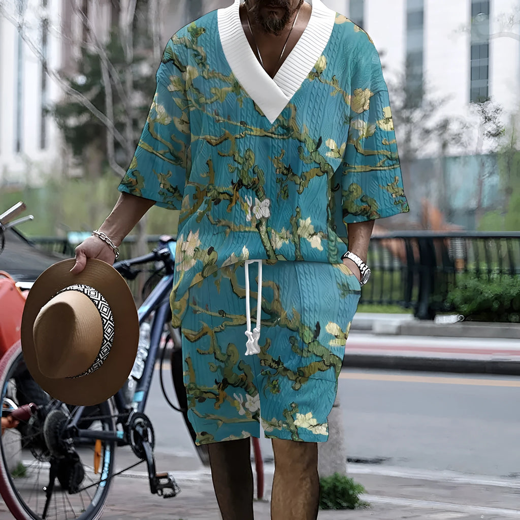 Men's peacock blue casual suit set with 3D printed knitted shorts and matching T-shirt style top