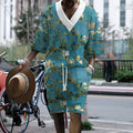 Men's peacock blue casual suit set with 3D printed knitted shorts and matching T-shirt style top