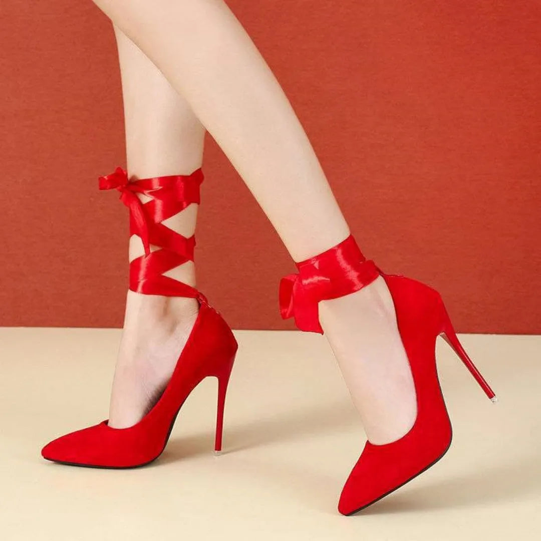 Women's black pointed toe platform heels with shallow mouth design and fabric strap