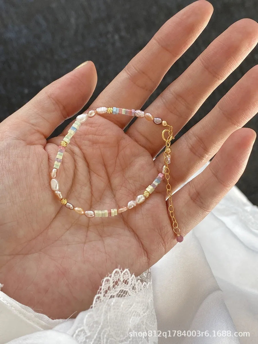 Women's natural pearl bracelet and necklace set with 14K gold plating and purple silver pearls