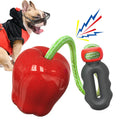 Green plastic dog toy shaped like a molar with hollow treat-dispensing centre