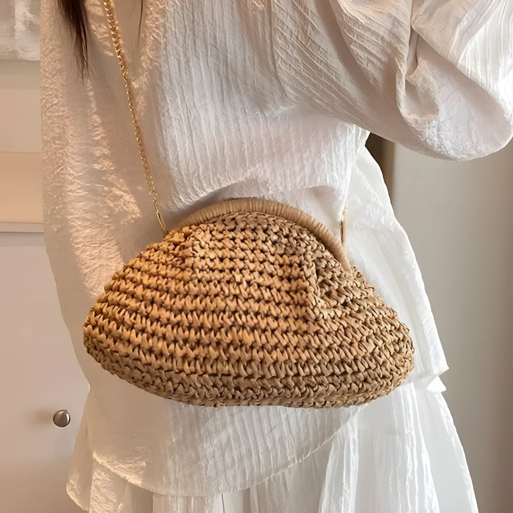 Khaki paper straw shoulder bag for women with shell shape, chain detail, and polyester lining for beach and daily use