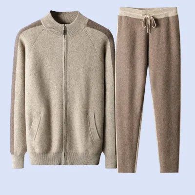 Men's cashmere blend cardigan suit set with half turtleneck top and matching trousers in winter colours