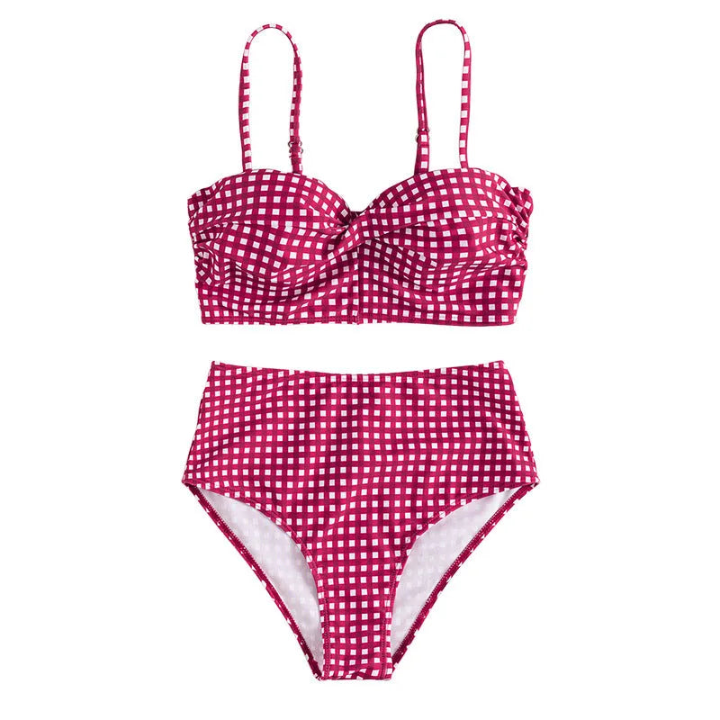 Women's plaid high-waisted bikini swimsuit in rose red, black, blue, and sky blue colours