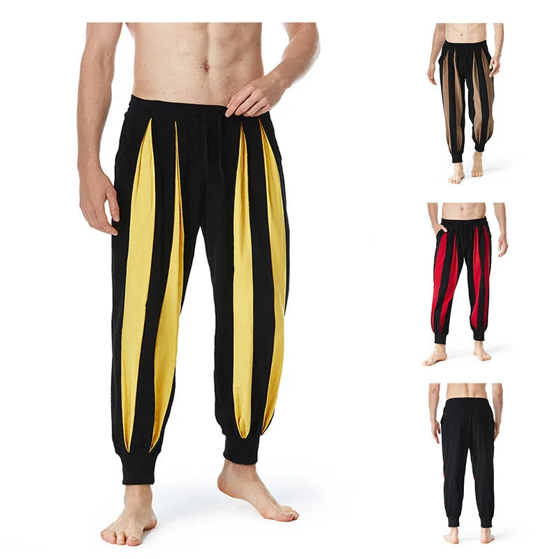Men's straight cut casual trousers in khaki, brown, red, and yellow colours