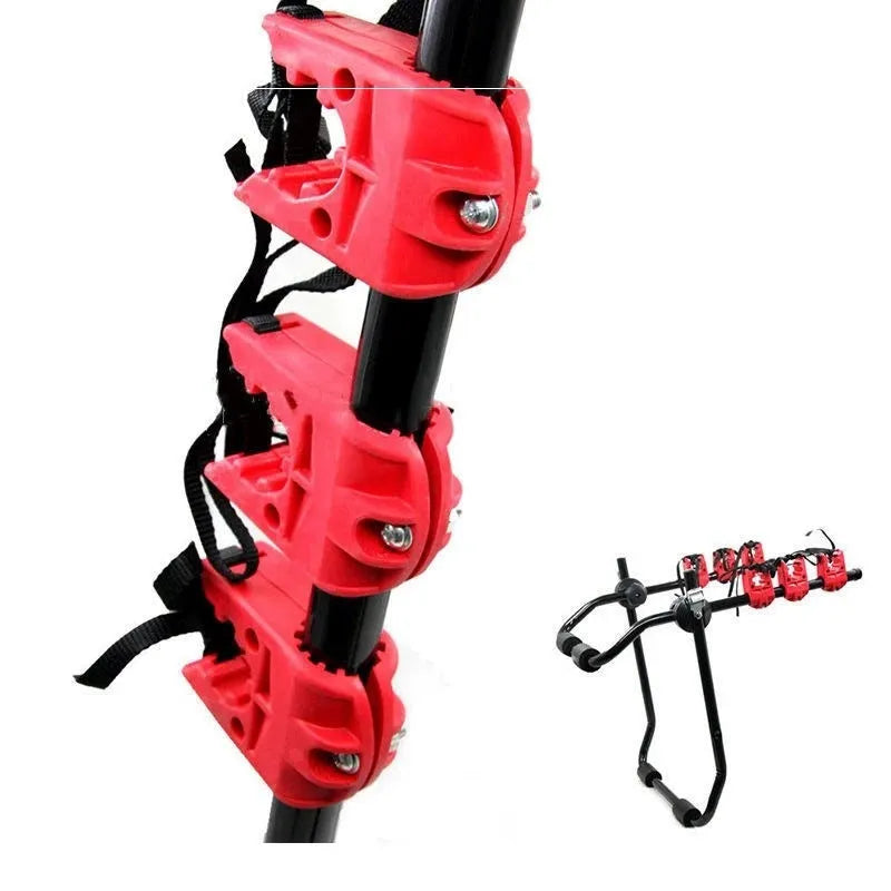 Black and red trunk-mounted bicycle carrier rack with tie ropes and protective sponge padding.