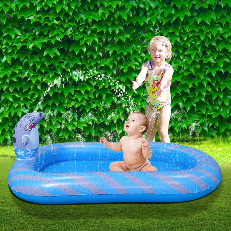 Blue dinosaur and shark inflatable water spray pool for kids outdoor play