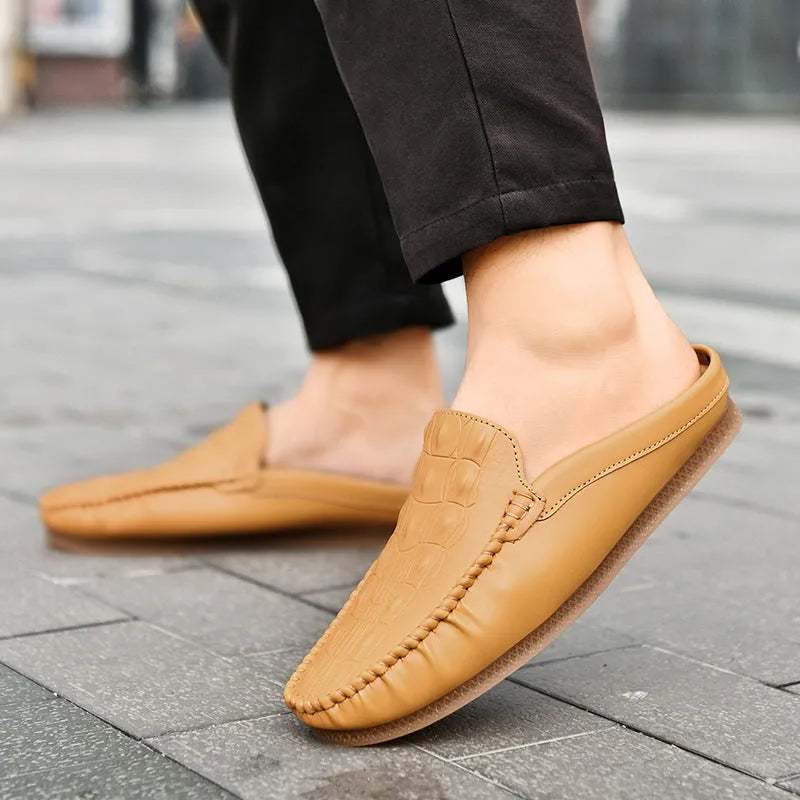 Men's black summer semi-slippers with artificial PU upper and rubber sole