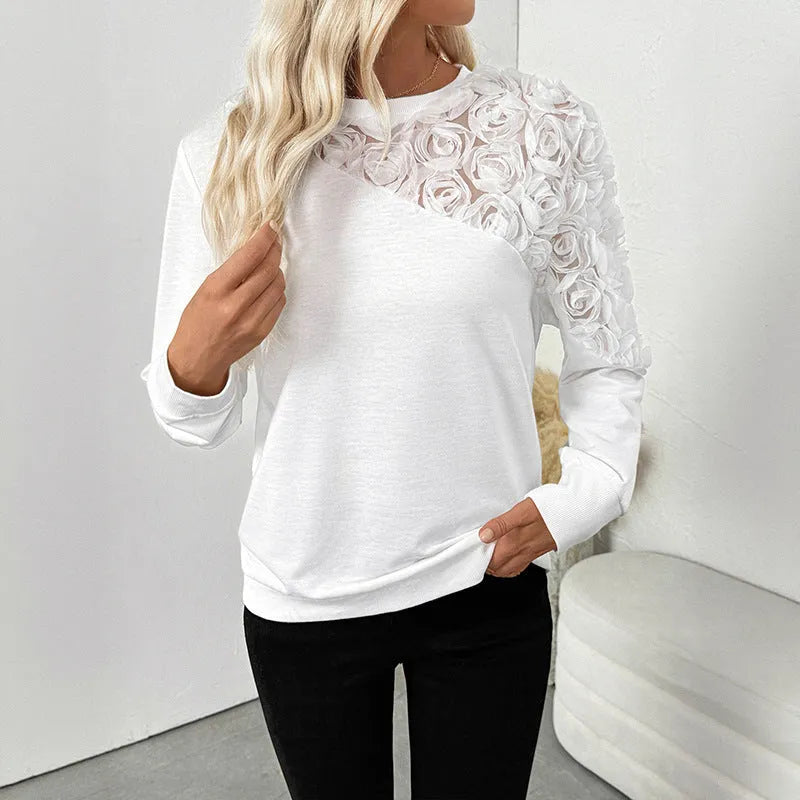 White floral pattern women's long sleeve pullover top with loose fit