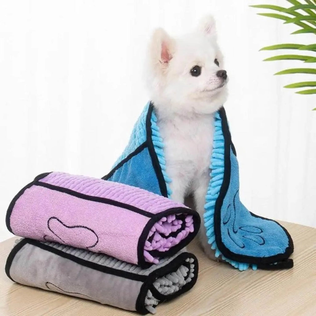 Pet bath robe towel in blue colour showing 62x23cm size for dog and cat drying