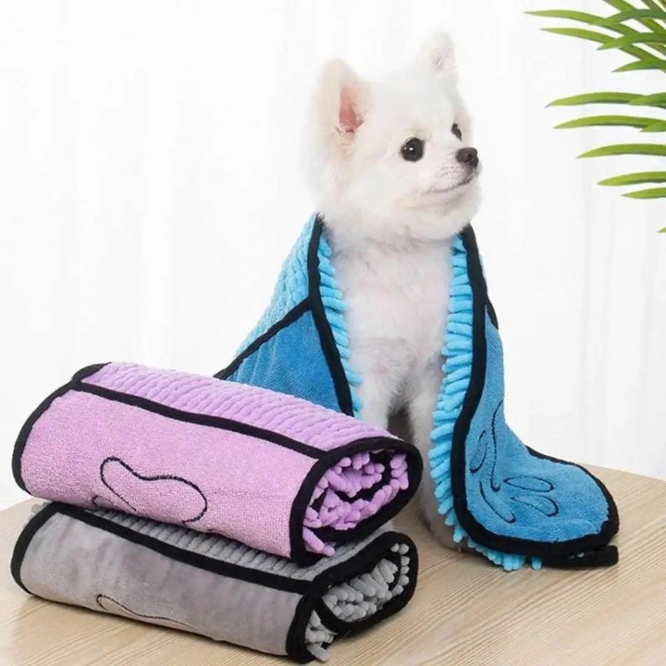Pet bath robe towel in blue colour showing 62x23cm size for dog and cat drying