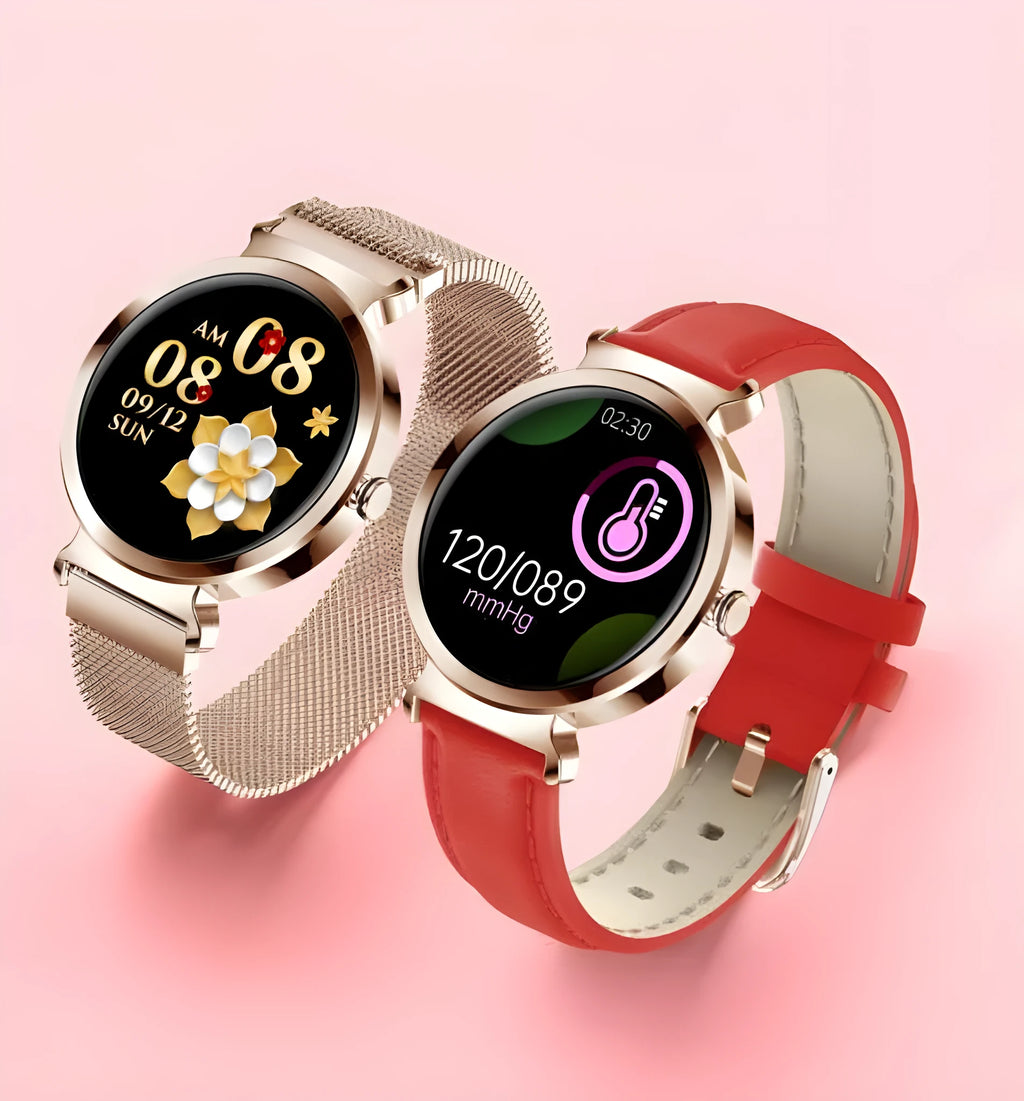Zinc alloy smart bracelet with 1.28-inch screen on wrist showing Gold colour option