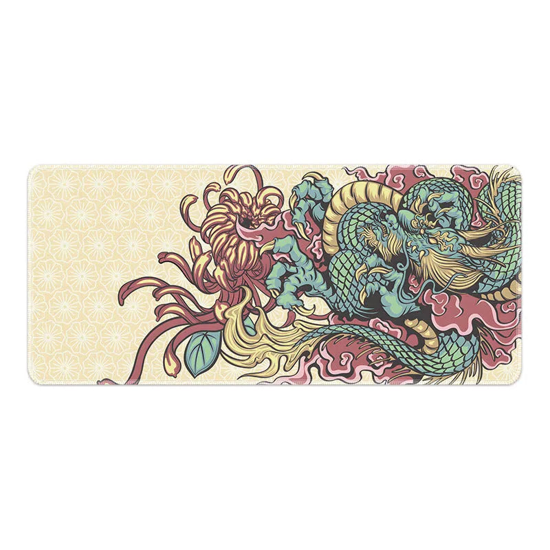 Esports gaming mouse pad with detailed Flower Dragon pattern, showing cloth surface and non-slip base.