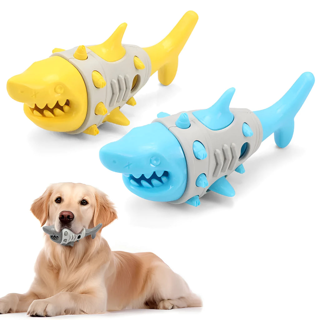Blue, grey, and yellow dog teething toy with shark-tooth cleaning mimicry design