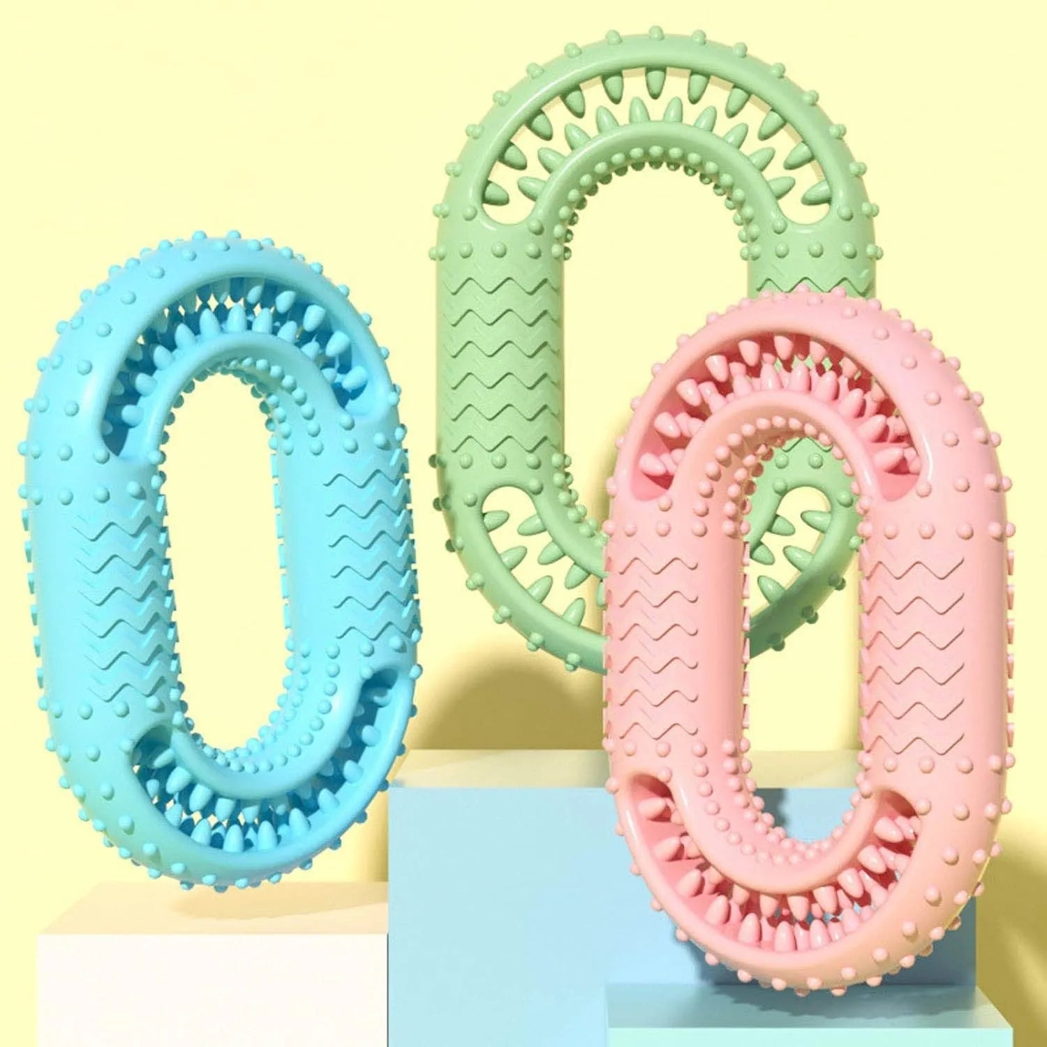 O-ring shape dog chew toy for aggressive chewers in blue, green, or pink colours