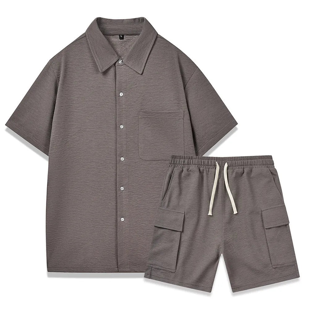 Elastic waist shorts and short sleeve top two-piece set in a neutral colour on a hanger.