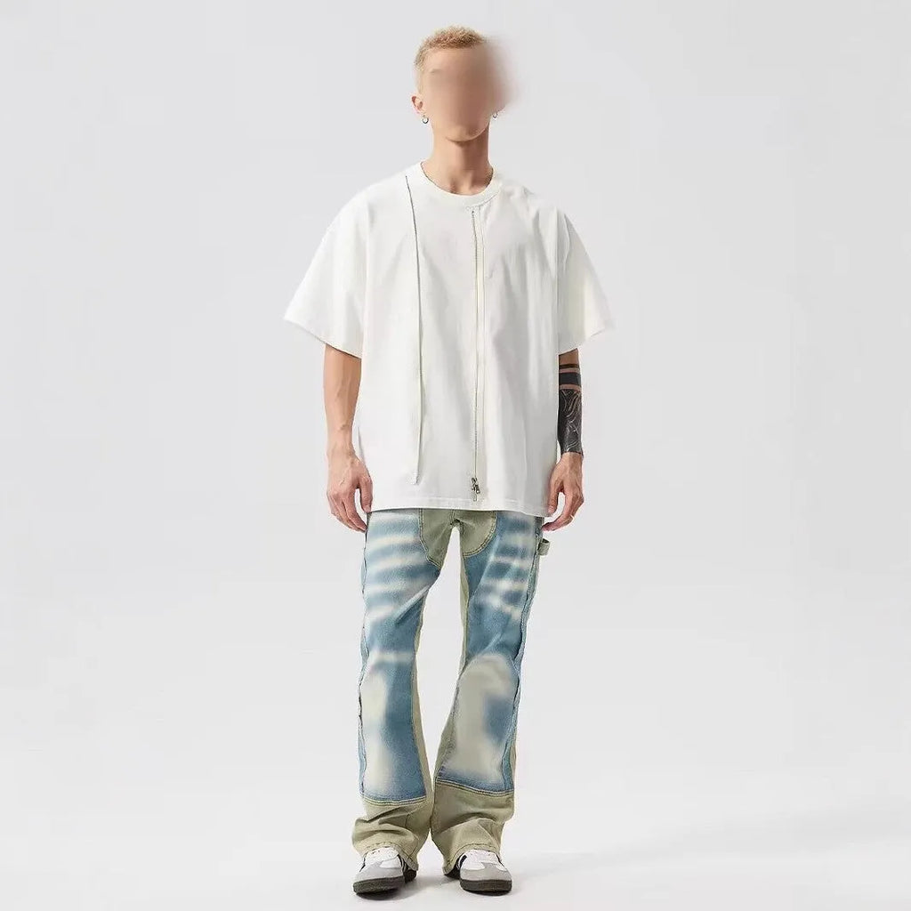 Retro dual-colour patchwork jeans with splash-ink damaged design in yellow and blue