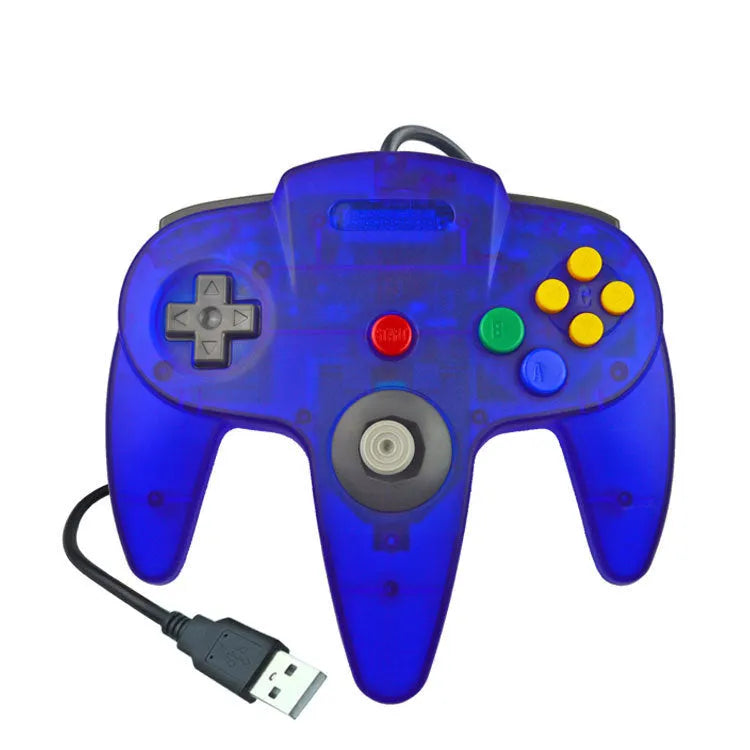 USB N64 game controller for PC in assorted colours on a black background.