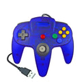 USB N64 game controller for PC in assorted colours on a black background.