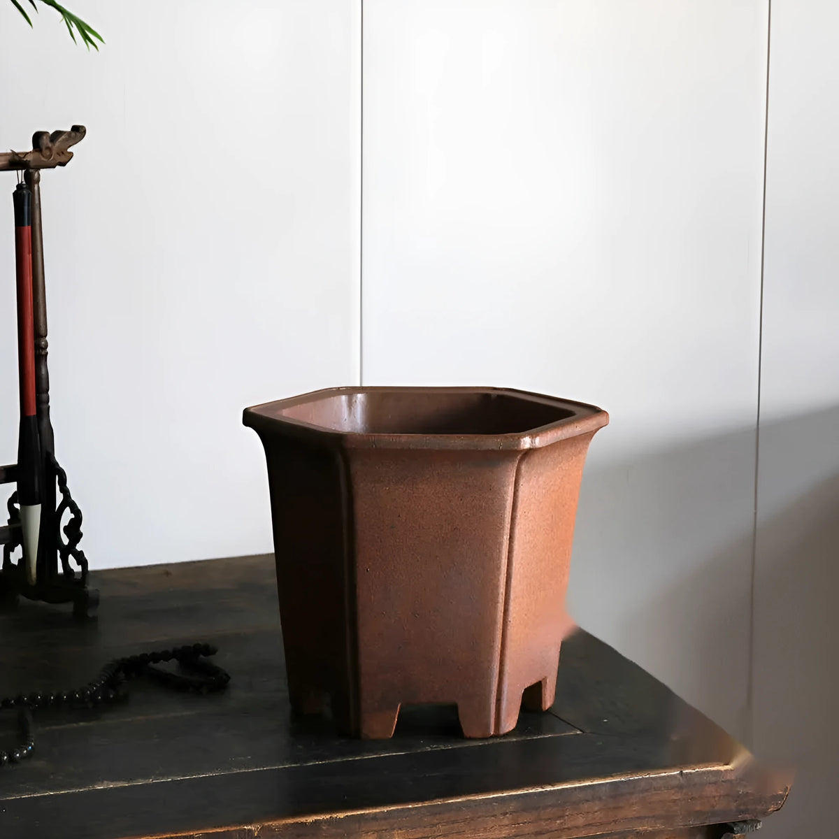 Handmade brown purple clay hexagonal flower pot with raw clay firewood kiln-changed finish, 23cm outer diagonal.